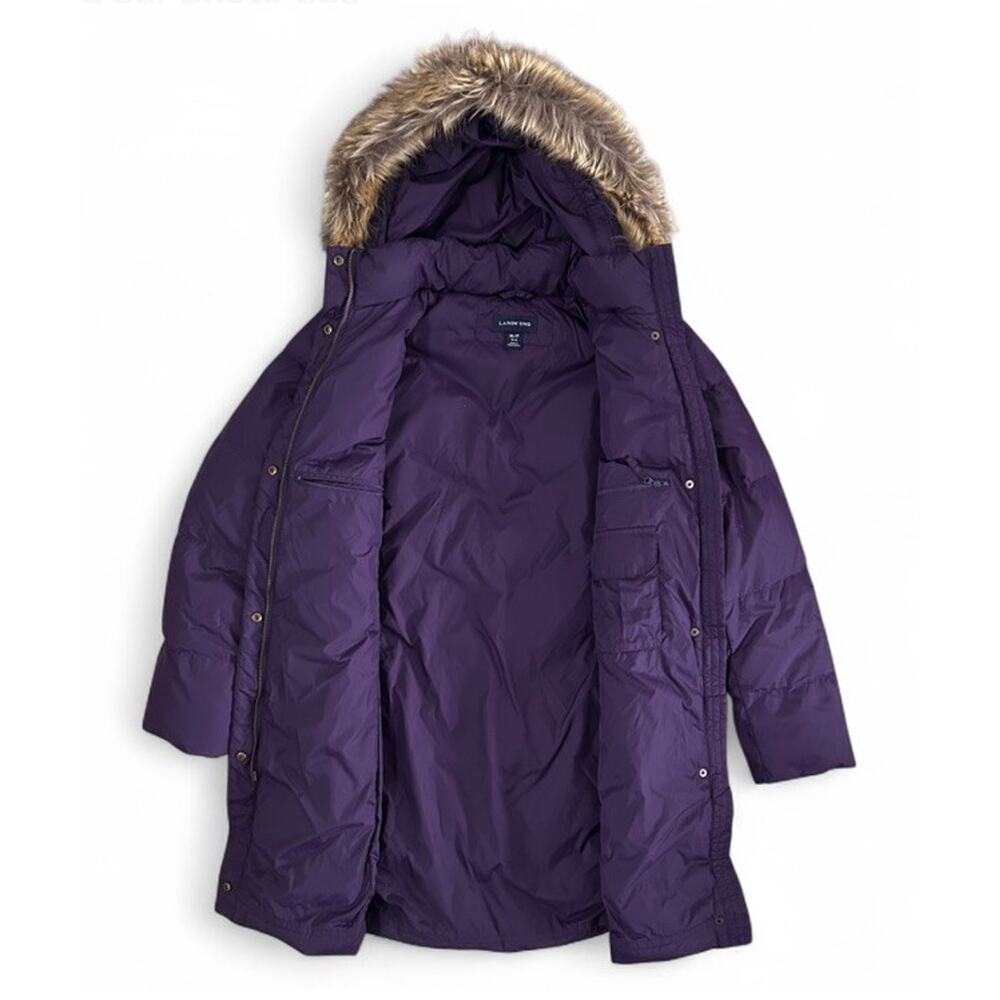 Land’s End Women’s Purple Down Puffer Jacket Faux Fur Hood Size P Med 10-12 - Picture 7 of 11